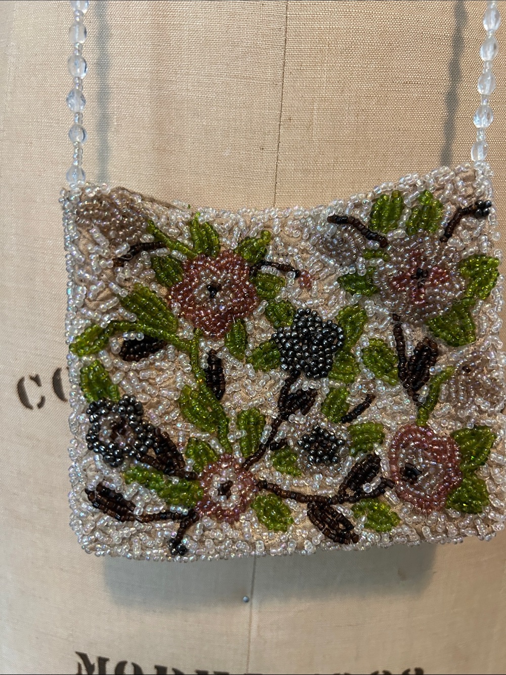 Vintage Beaded Floral Crossbody Bag in Cream, pink and Green